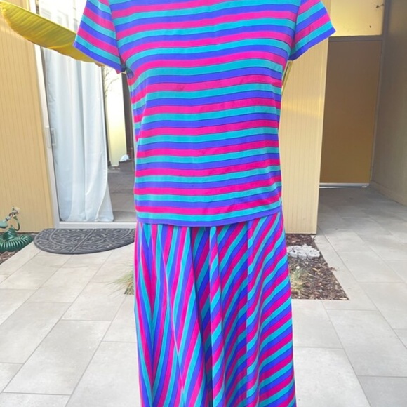 Neiman Marcus Silk Striped Skirt Set Vintage Blouse Matching Outfit Size 4 - Picture 2 of 5